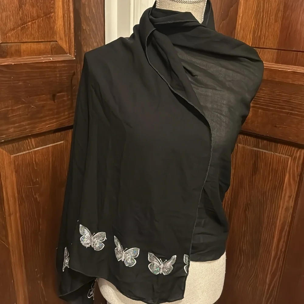 Studio Black Scarf With Silver Butterflies
